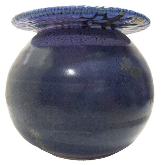 Blue Purple Glazed Rimmed Round Pottery Planter 5" Diameter 4.25" Height Signed - Picture 3 of 6